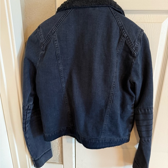 Topshop Blue and Black Jean Jacket Cropped Biker Style - Picture 3 of 3
